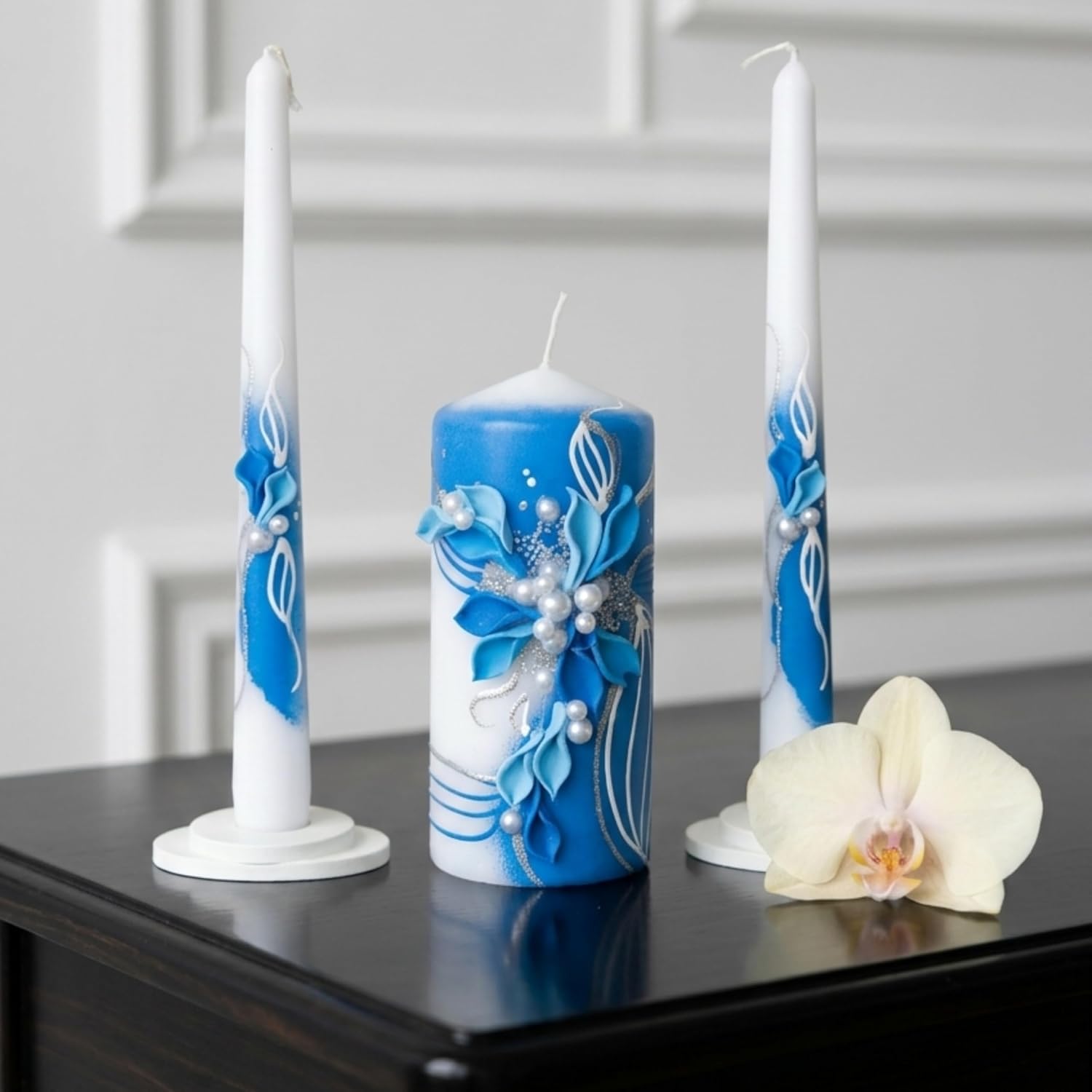 Sapphire Bloom Unity Candle Set for Wedding Ceremony& Reception, Blue & White Handmade Wedding Candles, Unscented 6"