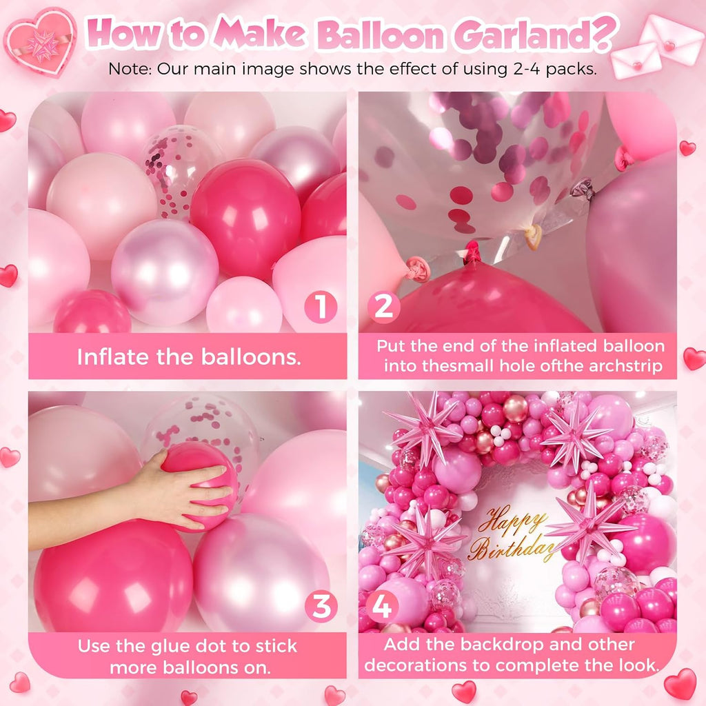 Pink Balloons Garland Arch Kit 163pcs with Star, Hot Pink Metallic Pink Shades of Pink Valentine's Day Balloons for