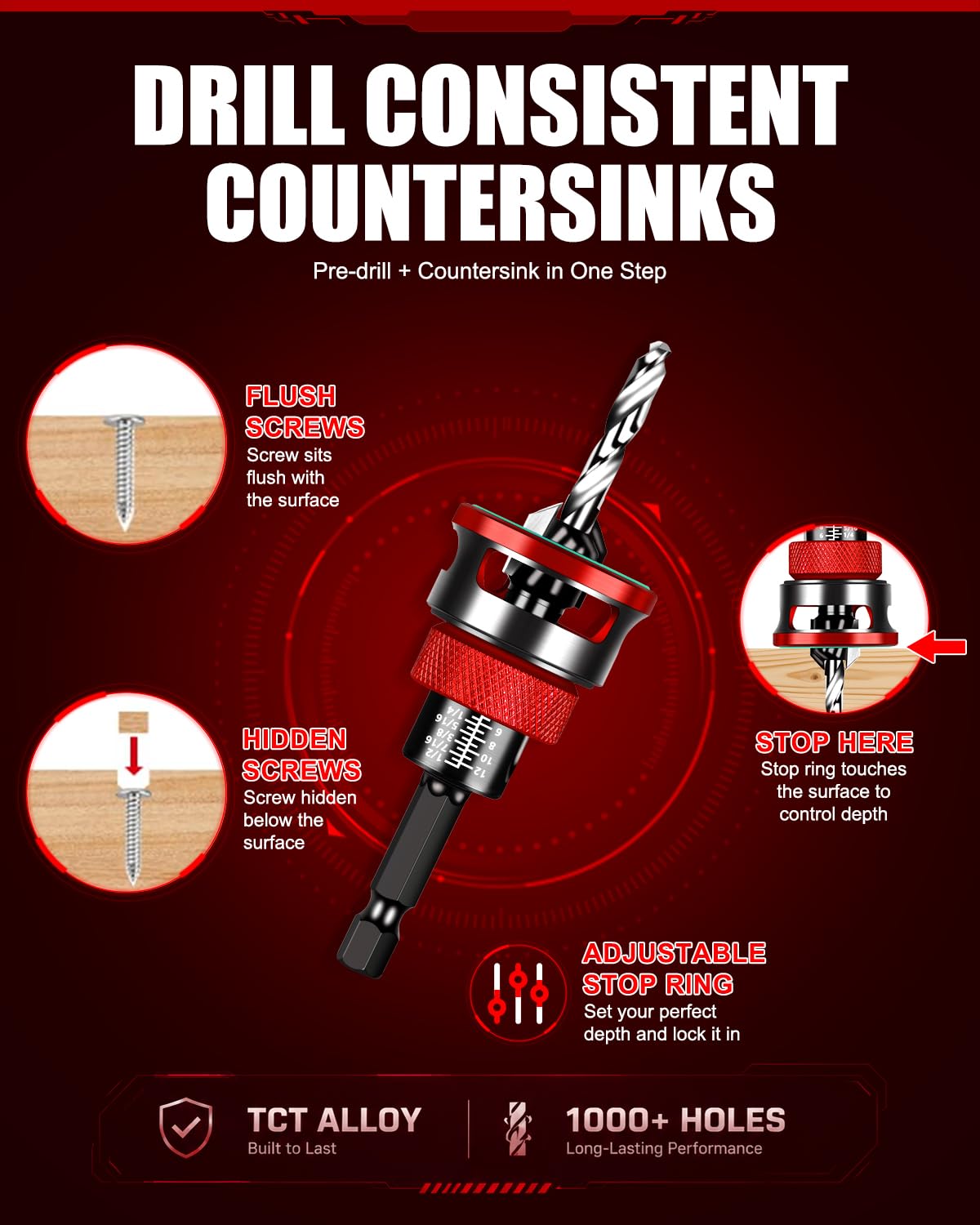 9PCS Countersink Drill Bit Set with Adjustable Depth Stopper