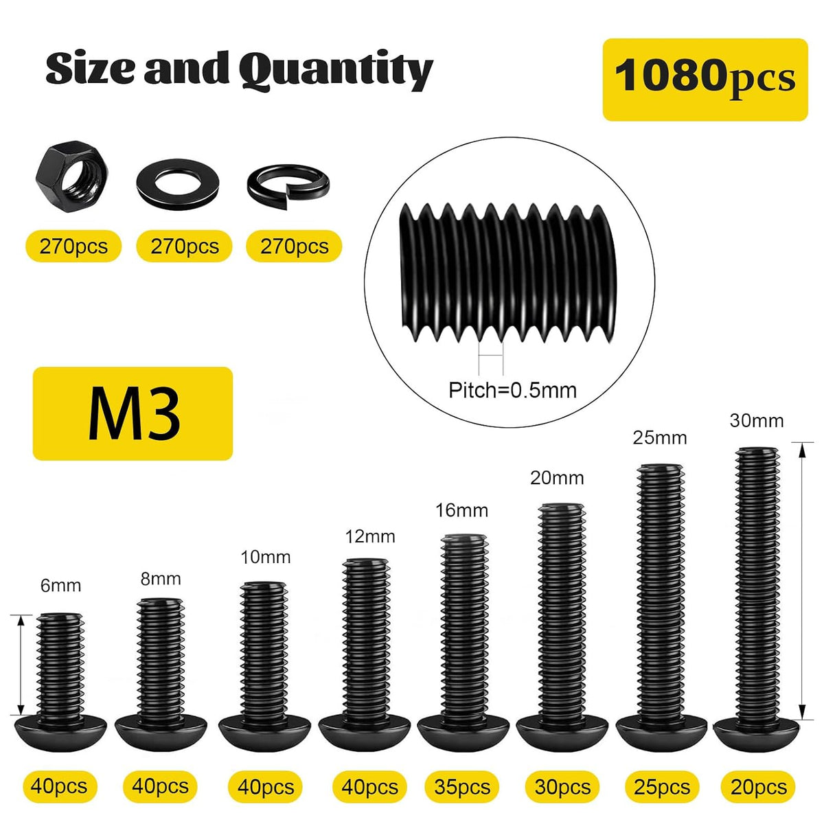 1080PCS M3 Button Screws Assortment Kit, M3x6/8/10/12/16/20/25/30 mm