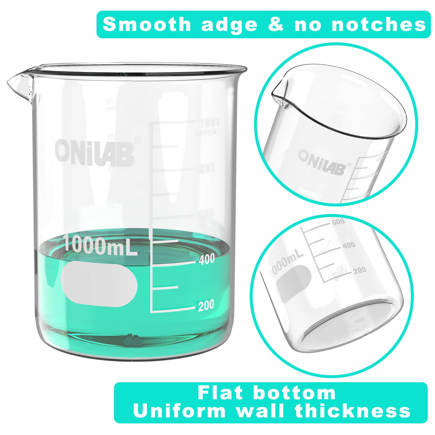 Glass Measuring Beaker Set 50ml 100ml 250ml 500ml 1000ml(Pack of 5) | 3.3 Borosilicate Material, Griffin Low Form