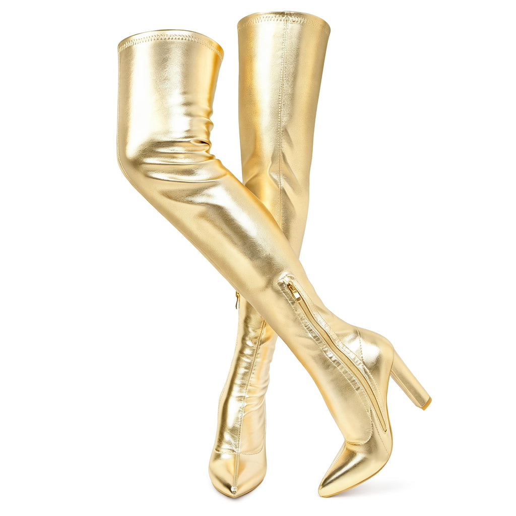 Women's Thigh High Boots Pointed Toe Chunky Heel Over-the-Knee