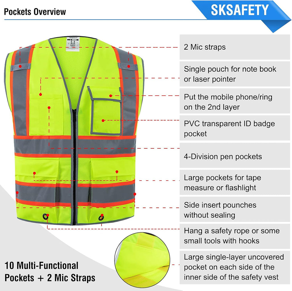 10 Pockets Safety Vest, Class 2 High Visibility Security with Zipper Back Mesh, Hi Vis Vest with Reflective Strips
