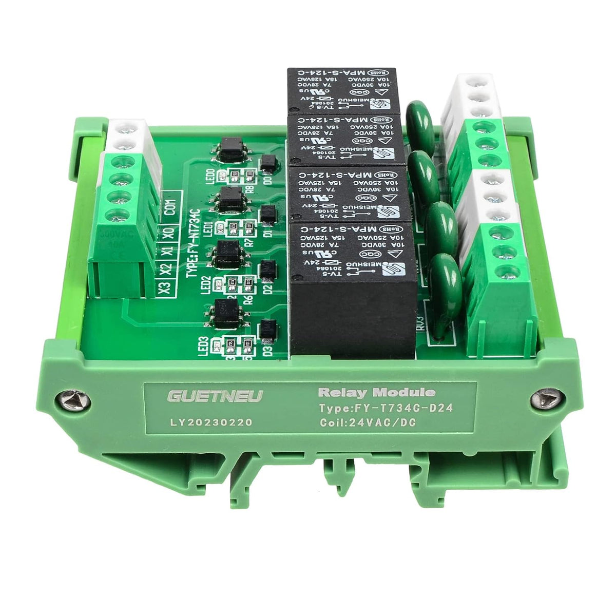 Relay Board, Relay Module 4 Channel 1 SPDT DIN Rail Mount 24V DC/AC