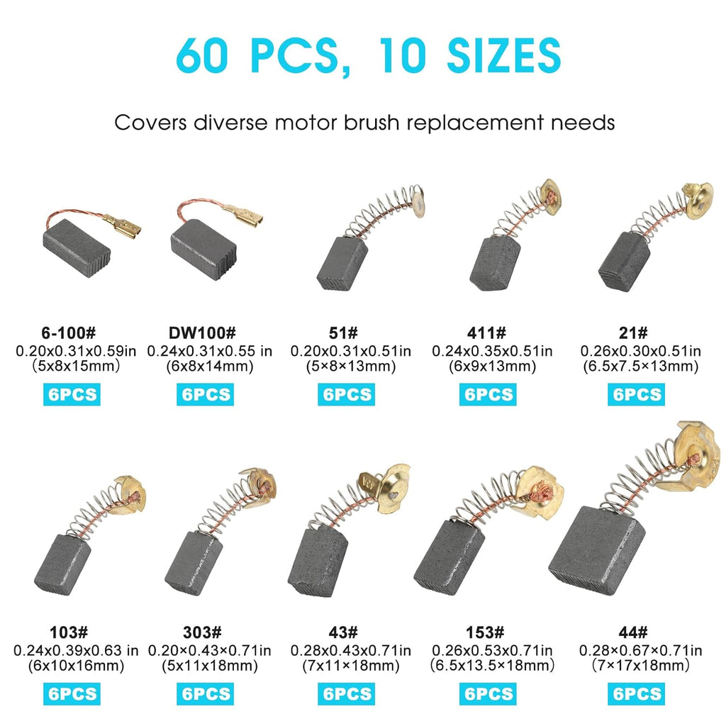 60 Pcs Electric Motor Carbon Brushes, Assorted Power Tool Replacement Parts