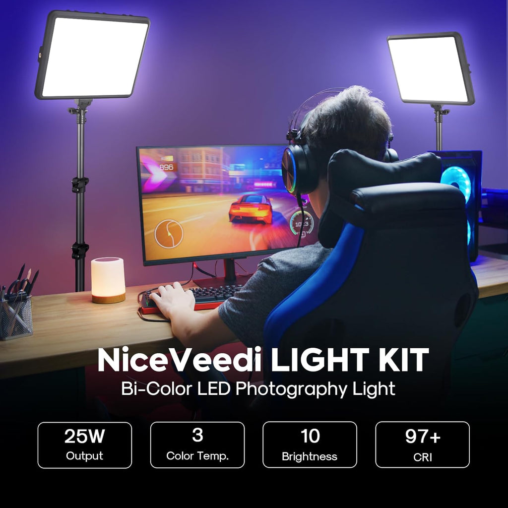 2-Pack Photography Lighting Kit, NiceVeedi 25W LED Video Light Kit, 2900-7000K Dimmable Studio Light with Tripod