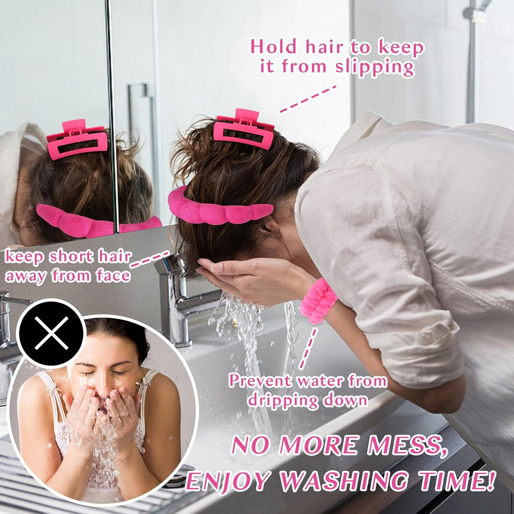 Pink Rose Red Spa Headband And Wristband Set Skincare Headband For Washing Face Hair Claw Clips For Thick Hair Cute