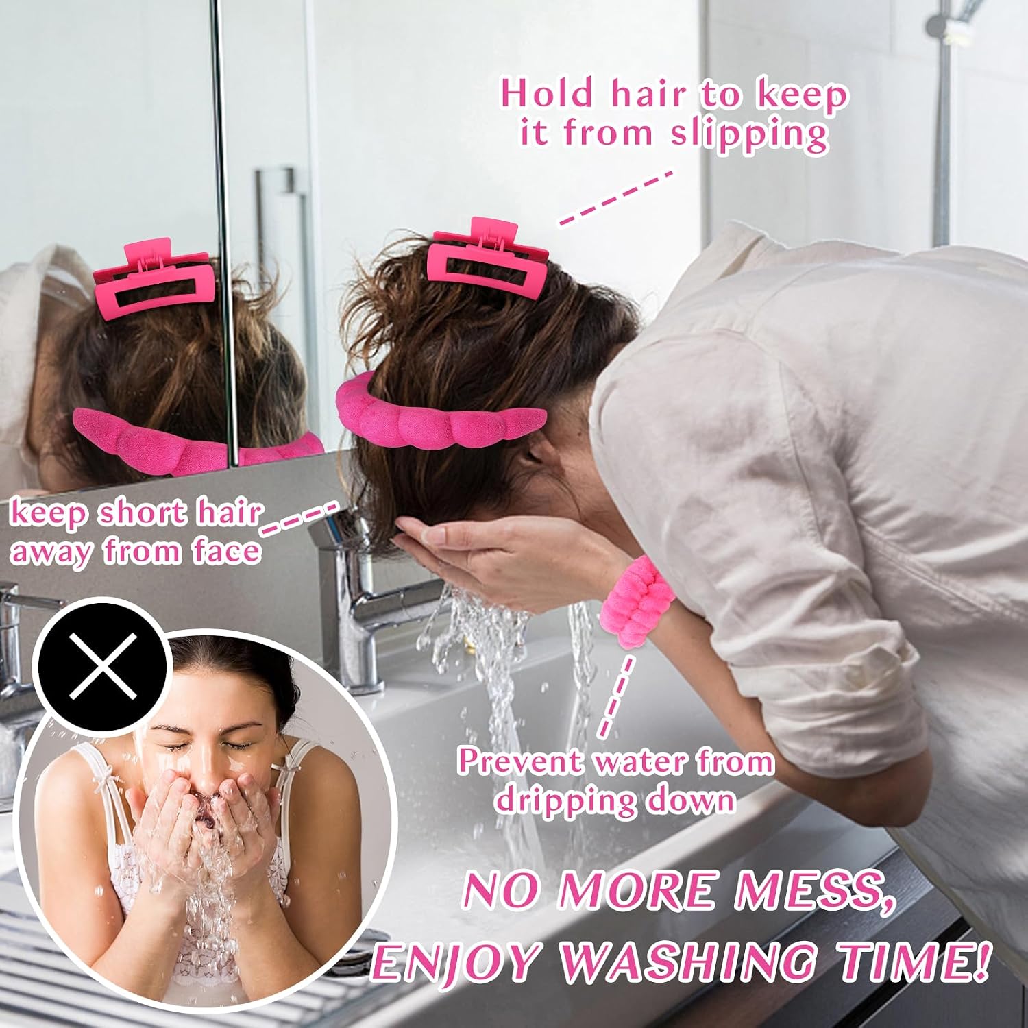 Pink Rose Red Spa Headband And Wristband Set Skincare Headband For Washing Face Hair Claw Clips For Thick Hair Cute