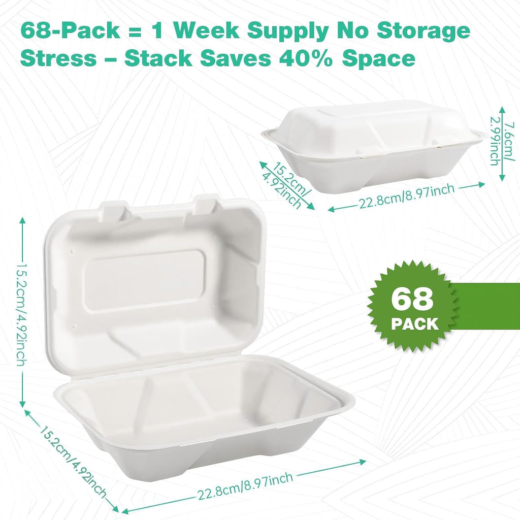 9x6x3 Inch 68 Pack Clamshell Take Out Food Containers, Compostable Disposable Paper To Go Boxes with Lids, Heavy Duty