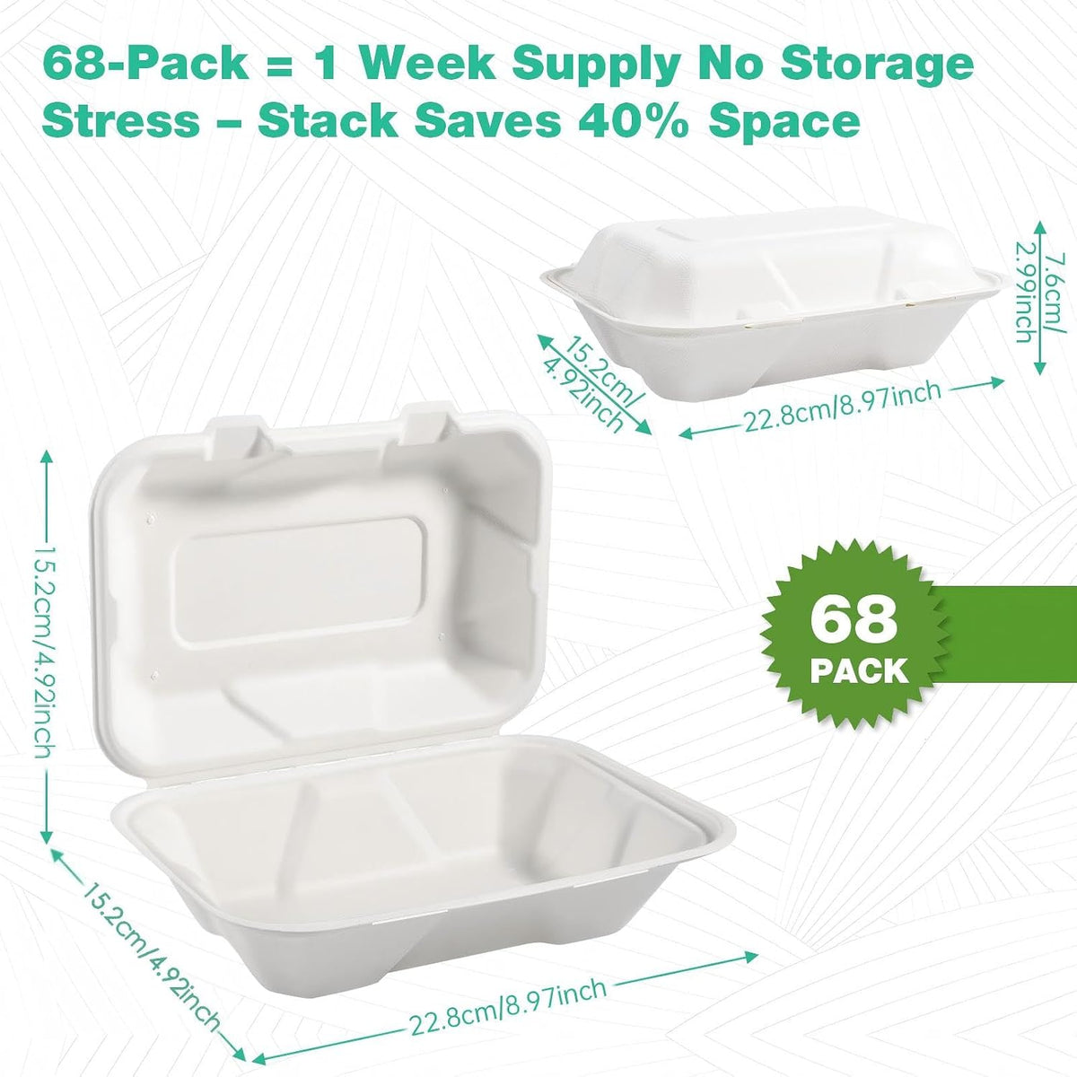 9x6x3 Inch 68 Pack Clamshell Take Out Food Containers, Compostable Disposable Paper To Go Boxes with Lids, Heavy Duty