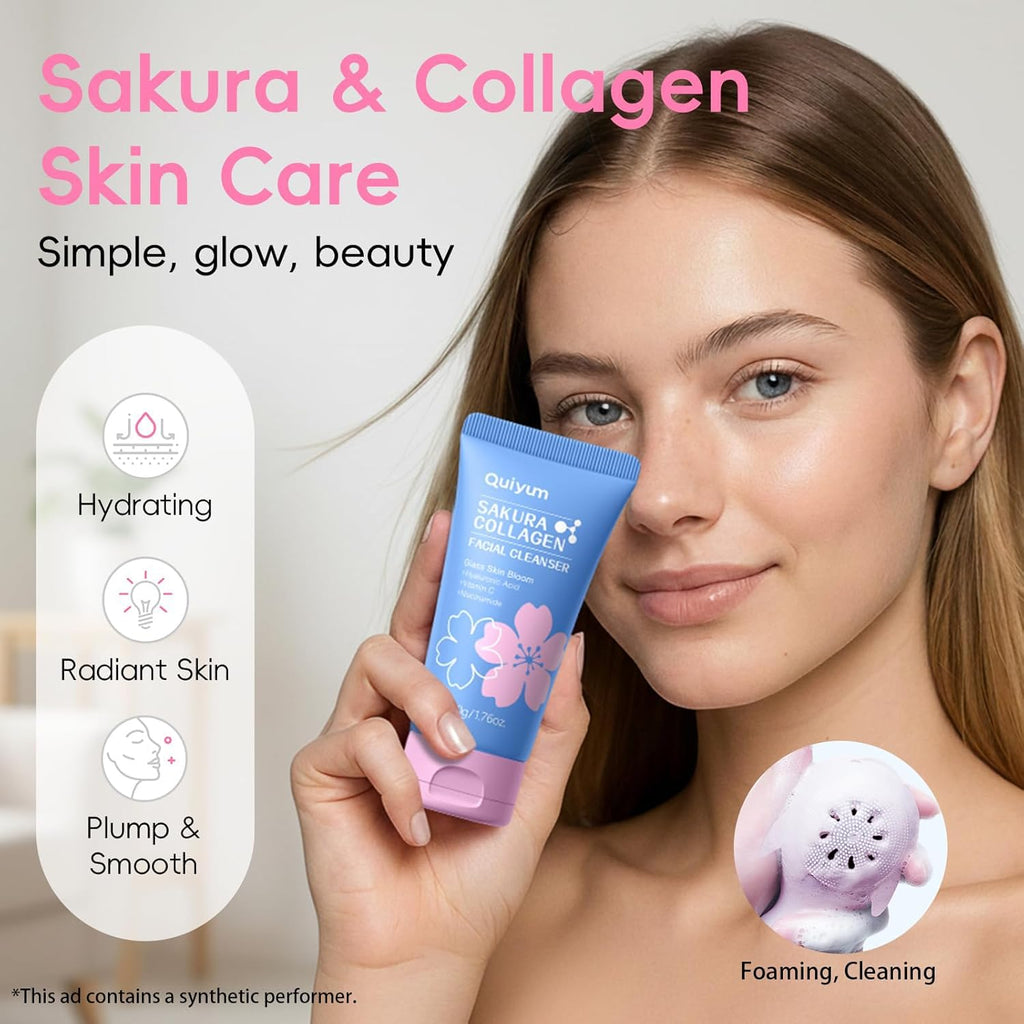 Sakura Collagen Skincare Set - 8-Piece Glass Skin Routine with Cleanser, Toner, Serum, Eye Cream, Moisturizer |