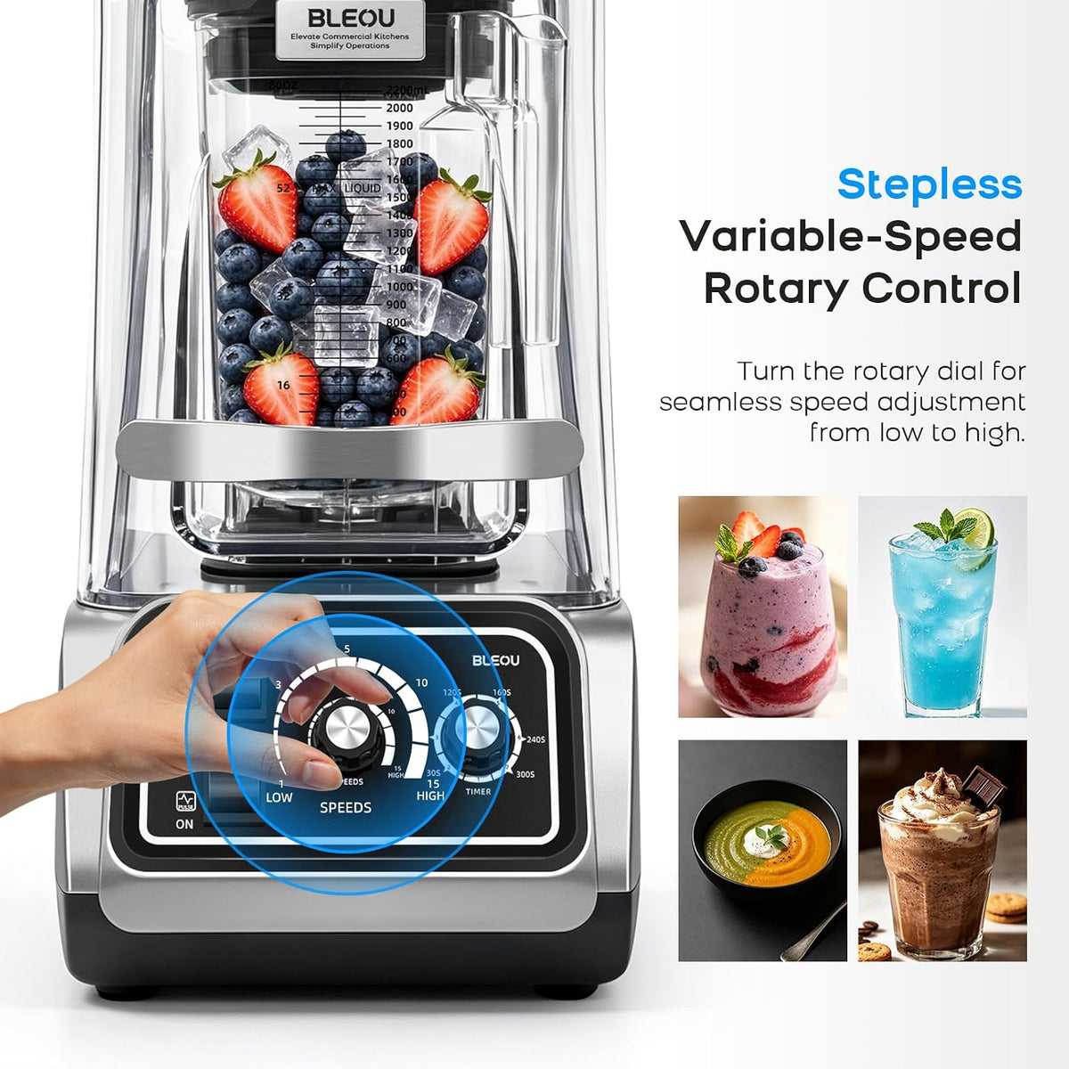 Commercial Blender Heavy Duty, 2200W Professional Quiet Blender