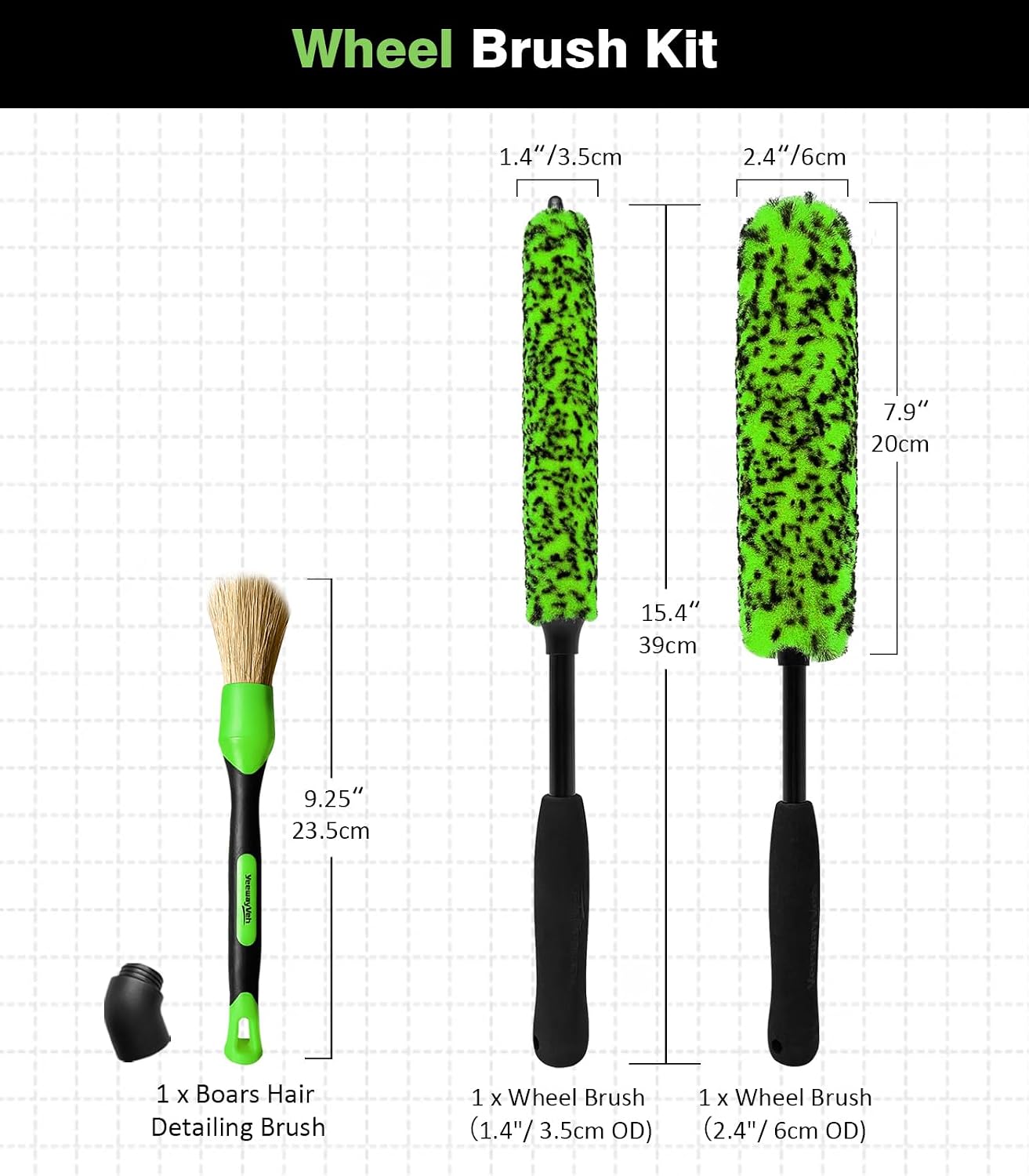 3PCS Quick Car Wheel Brush Kit, 360° Bendable Rim Cleaner, Green | 2-Size Flexible Rim Cleaning, Boars Hair Detailing