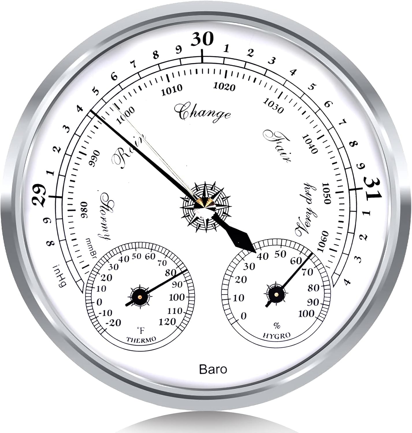 3 in 1 Barometer Thermometer Hygrometer, 5in Weather Station | Wall Mount barometer, Battery-Free Gauge, Plastic
