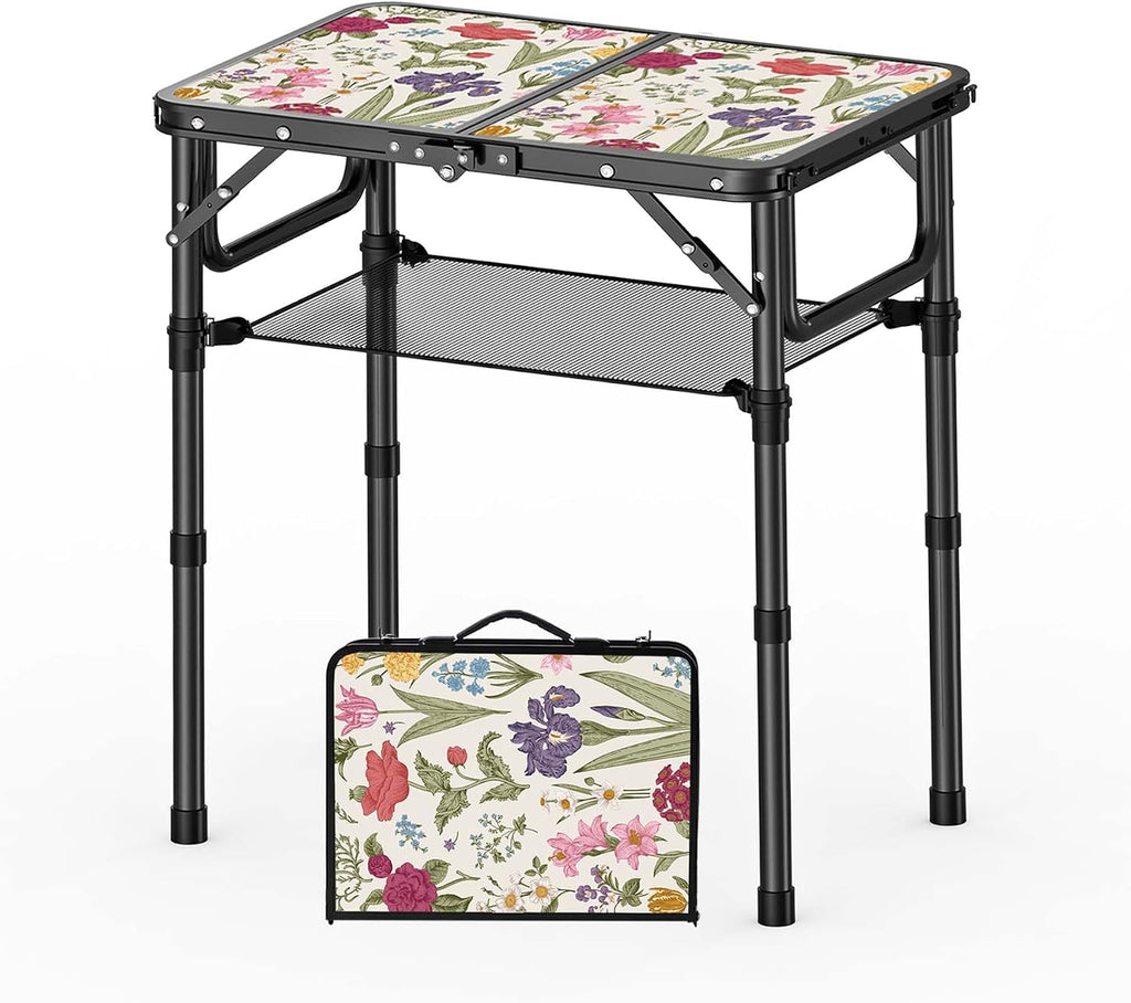 Small Camping Table, Vintage French Flowers Pattern Folding Table, Adjustable Height, Lightweight & Portable Outdoor