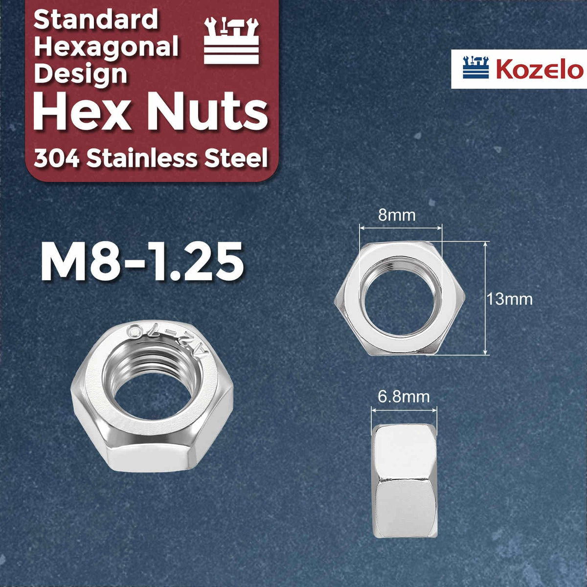 Kozelo 170pcs[M8-1.25] Hex Metric Nuts 304 Stainless Steel Silver