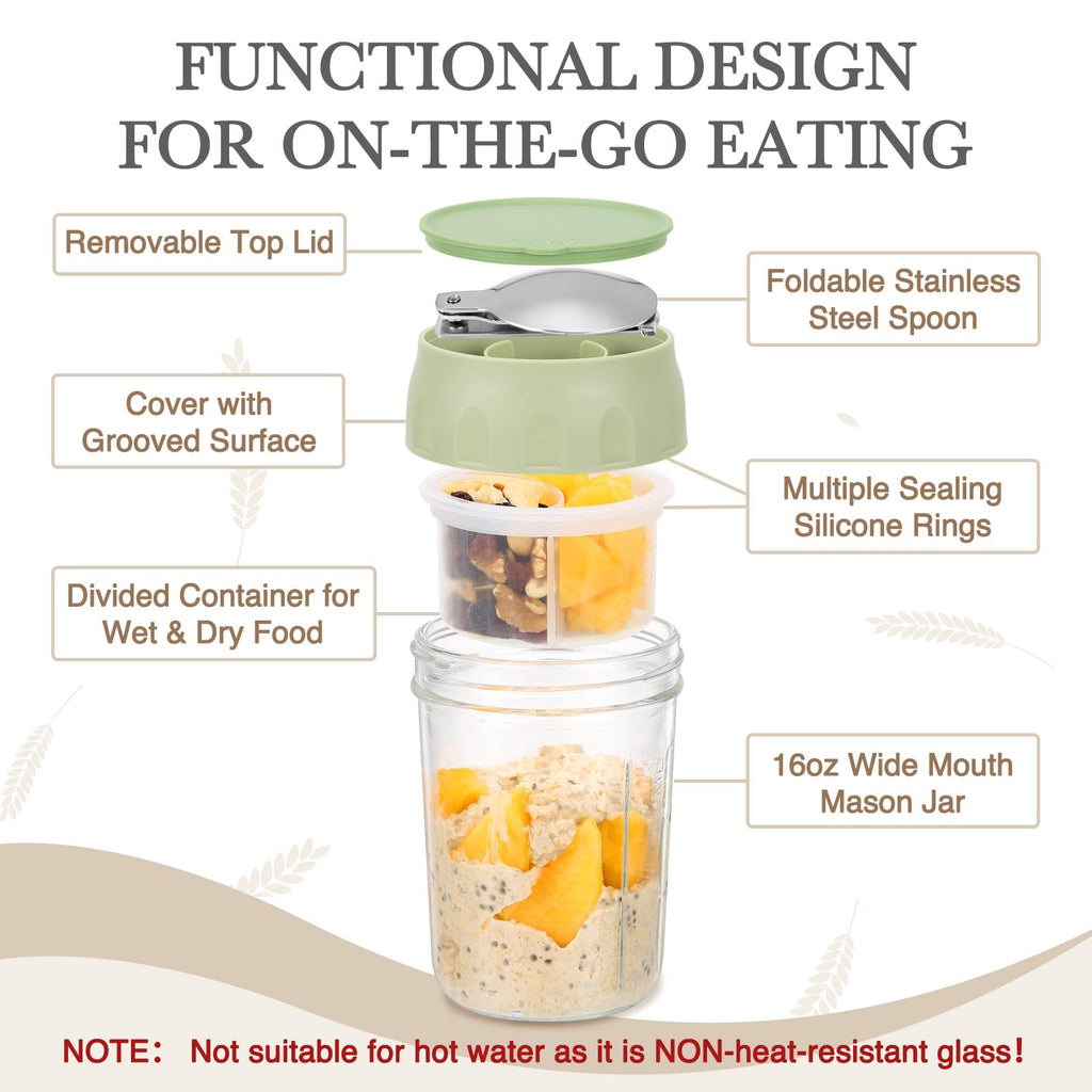 2 Pack Overnight Oats Containers with Lids (White/Organic Green)