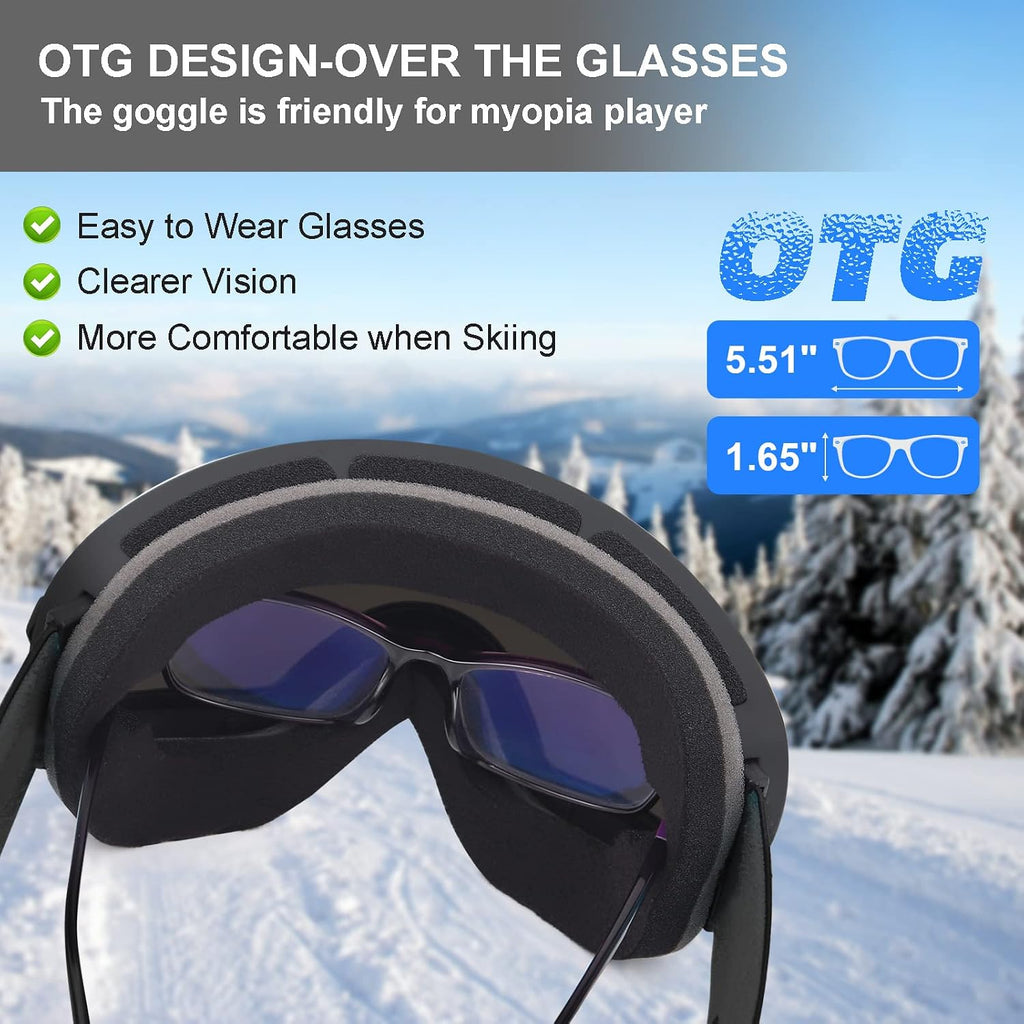 Snowboard Ski Goggles Men Women Youth, Anti Fog OTG Winter Snow Goggles Spherical Detachable Lens