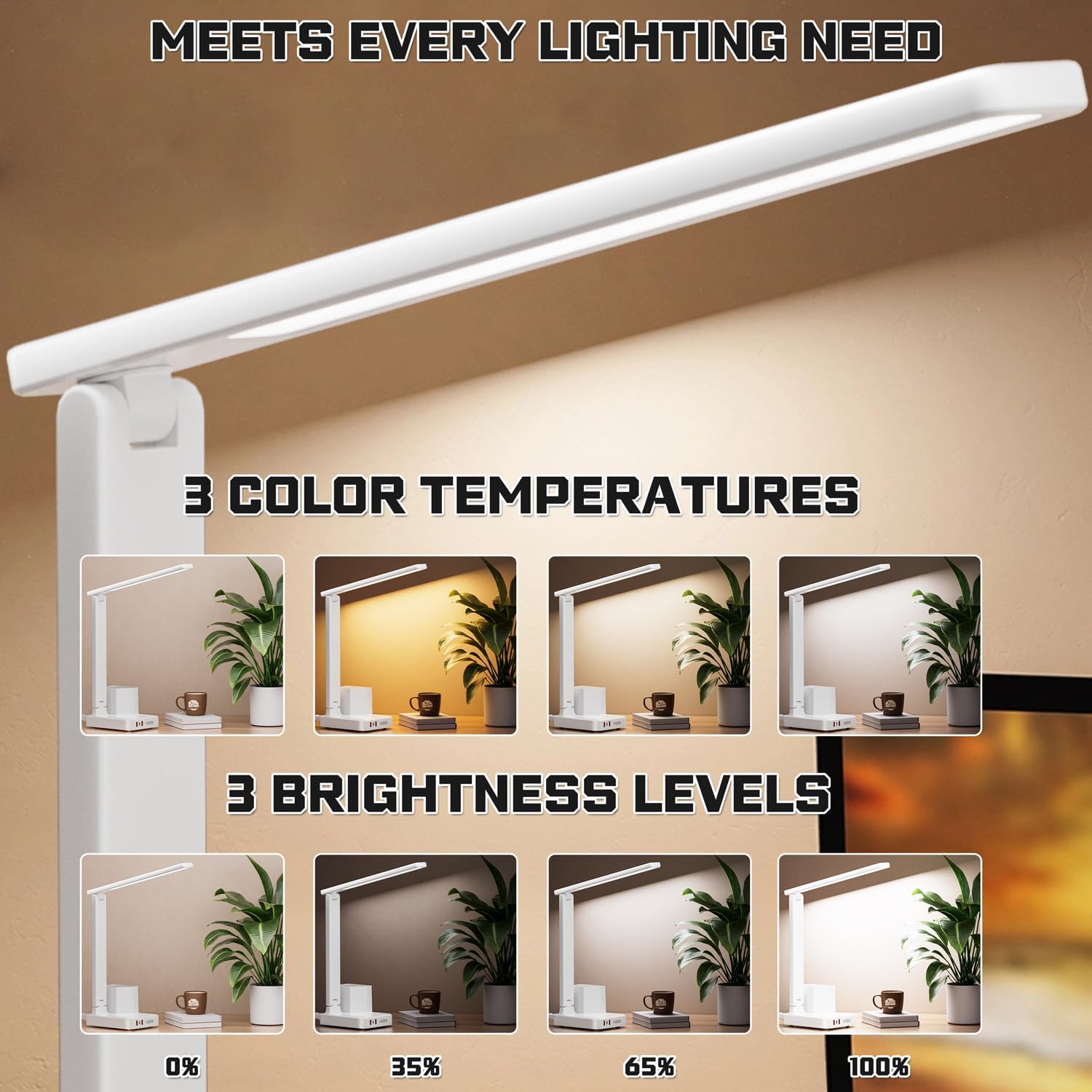 LED Desk Lamp for Dorm Office, USB C, AC Outlet Charging Port, White | Dorm Room Essentials for Guys, Eye-Caring