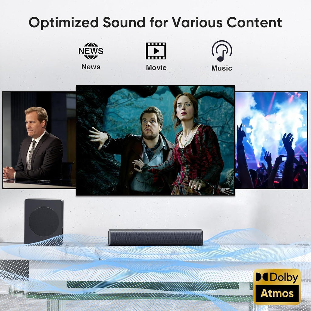 2.1 CH Sound bar with Subwoofers, 100W Sound Bar for Smart TV, Dolby Atmos Surround Sound System, Adjustable Home