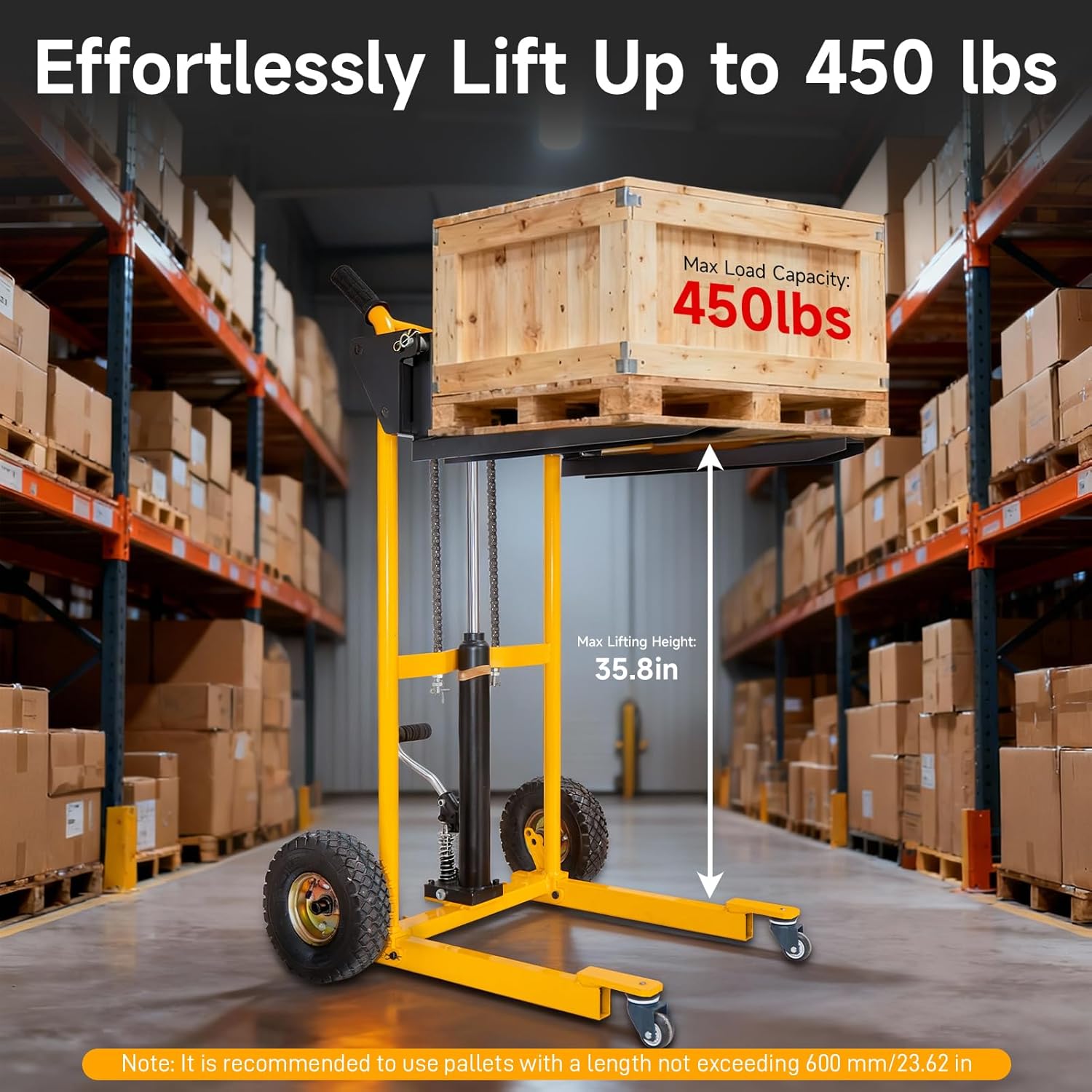 Foldable Hydraulic Material Lift Winch Stacker, 450 Lbs 35.8" Max Lift w/ 9" Wheels 360° Swivel Casters, Pallet Truck