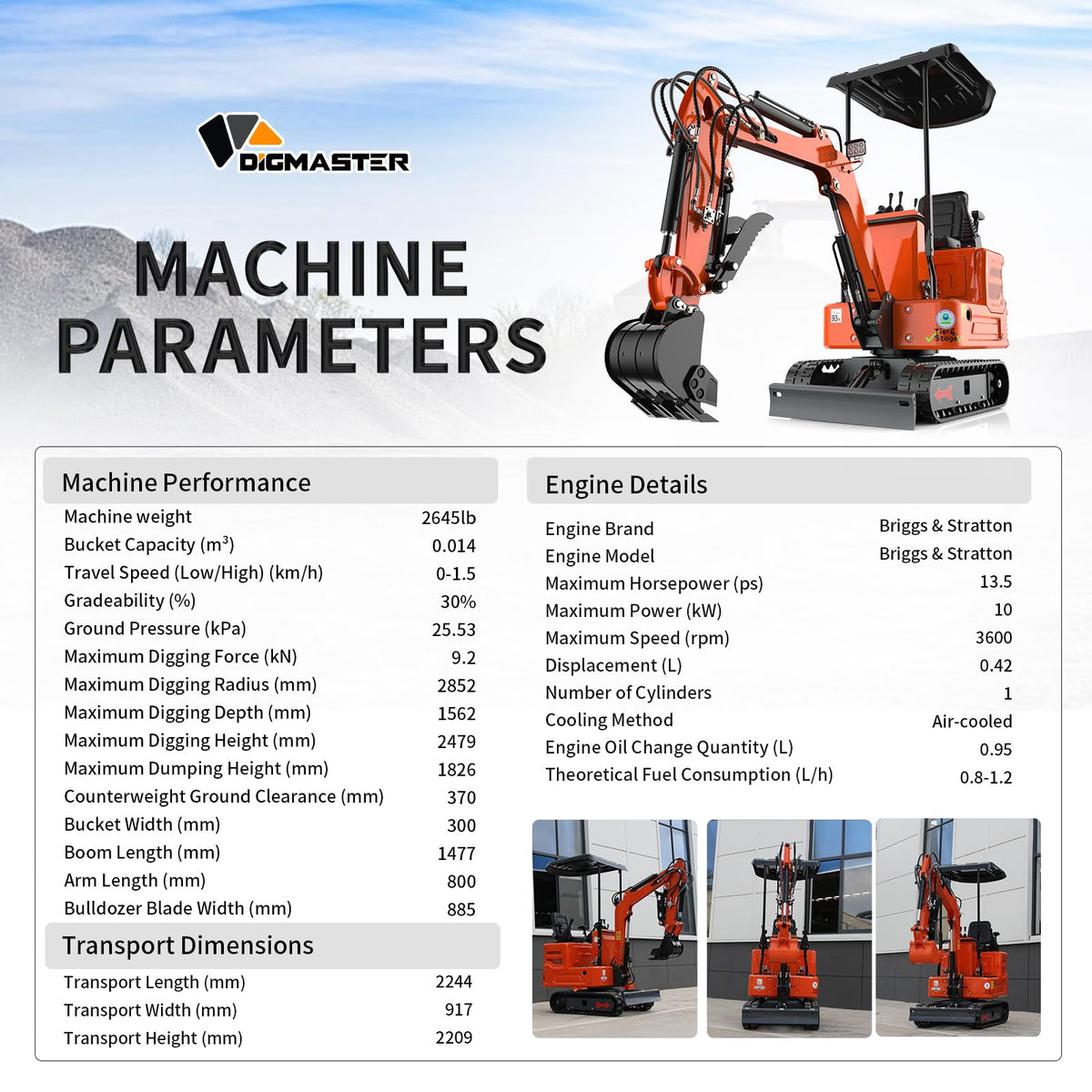 13.5HP Mini Excavator, 36.6" Compact Digger with B&S XR2100 Engine, Narrow Access Mini Excavator for Trenching