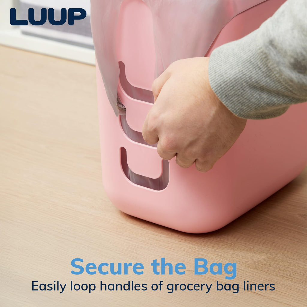 Luup Bathroom Wastebasket, Secure Grocery Bags, Plastic Garbage Container for Vanity, Laundry Room, Kitchen, Office