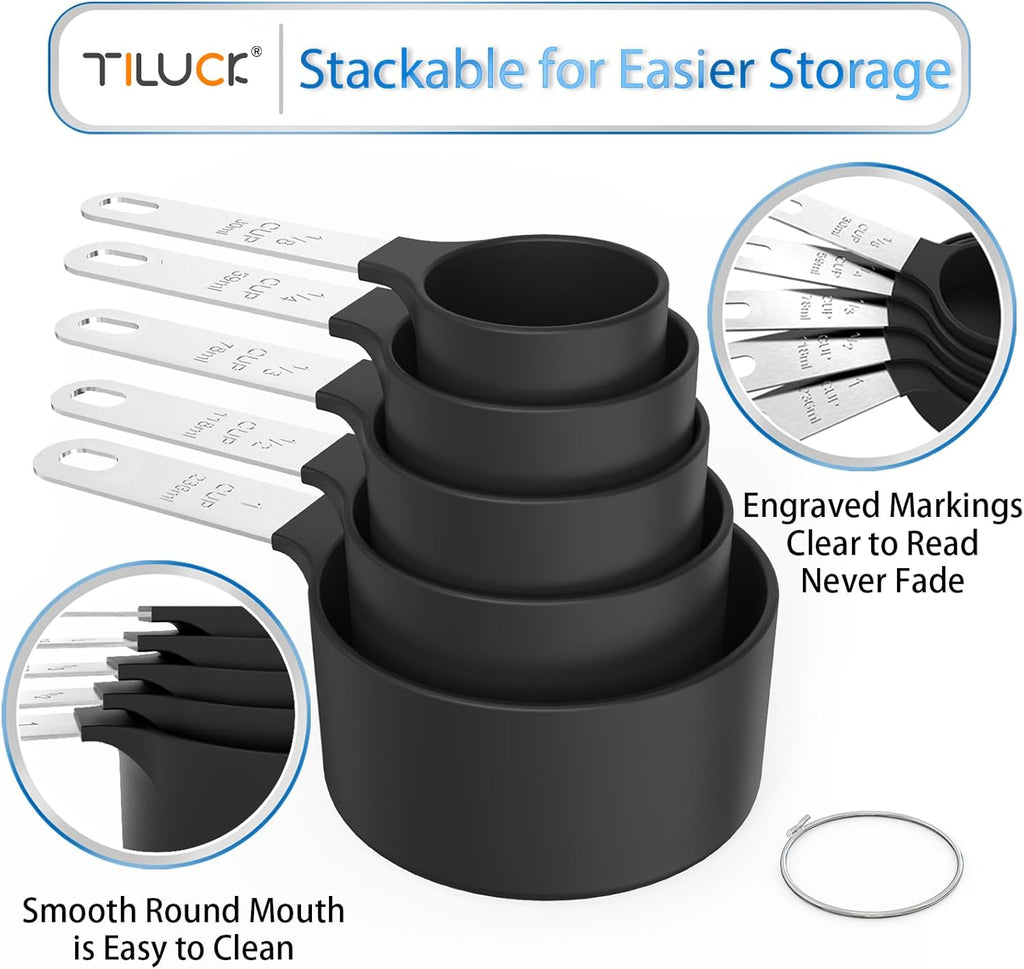 Measuring Cups & Spoons Set, Stackable Cups and Spoons, Nesting Measure Cups with Stainless Steel Handle, Kitchen