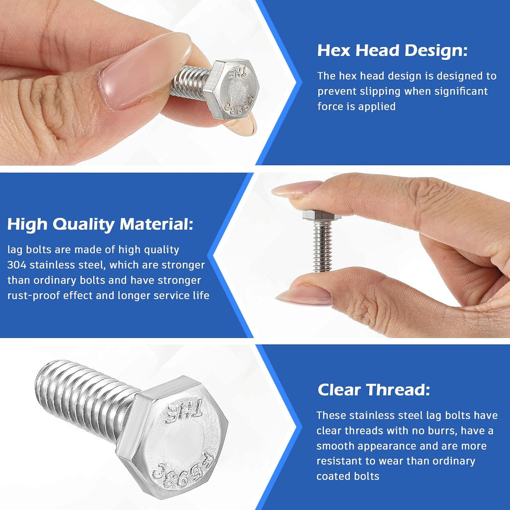 Zonon 50 Pcs 1/4-20 x 3/4" Hex Head Screw Bolt, Silver