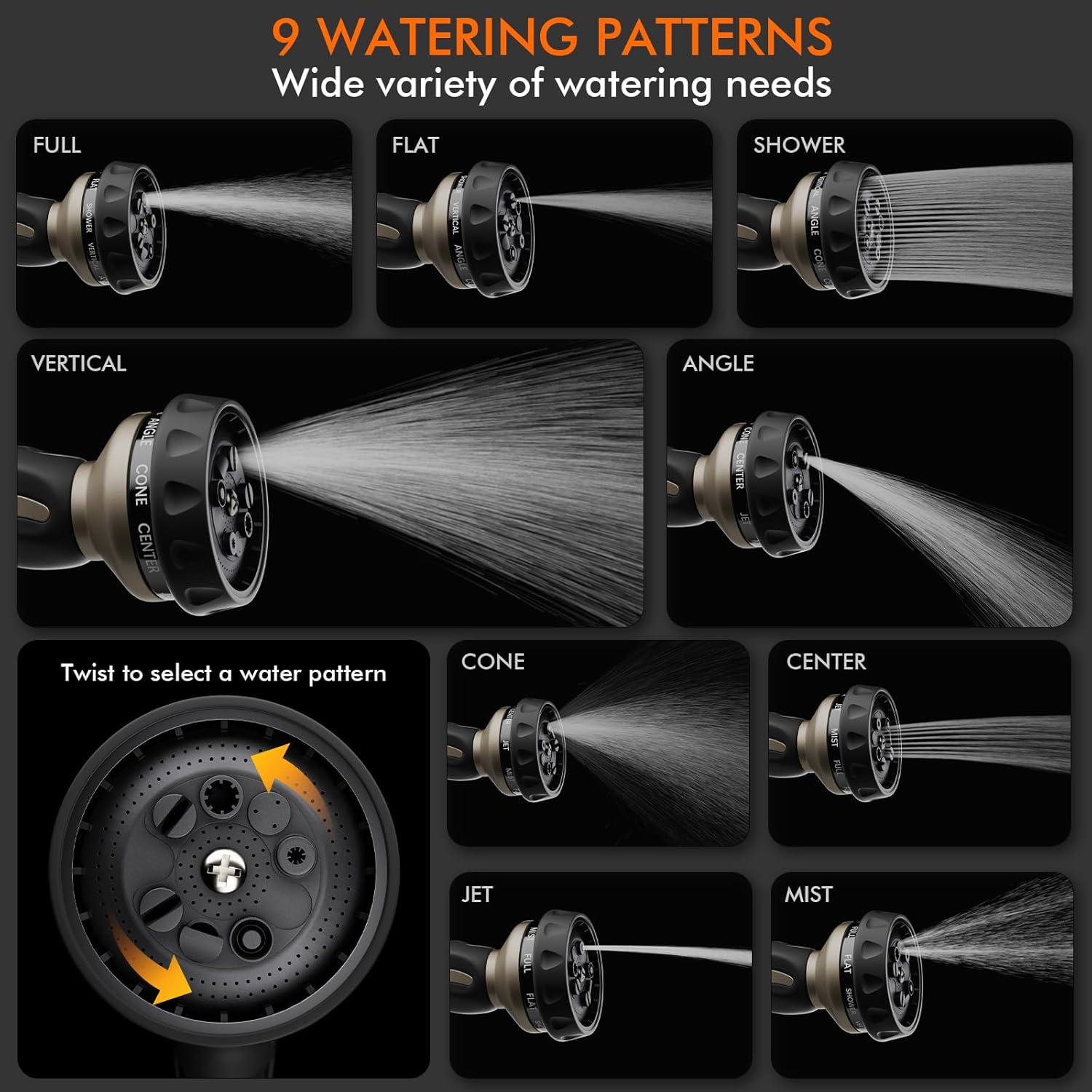 Hose Nozzle Heavy Duty, Metal Water Hose Sprayer for Garden, 9 Spray Patterns | High Pressure | Thumb Flow Control |