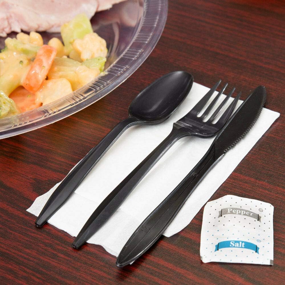 50 Plastic Cutlery Packets - Knife Fork Spoon Napkin Salt Pepper Sets | Black Plastic Silverware Sets Individually