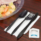 450 Plastic Cutlery Packets - Knife Fork Spoon Napkin Salt Pepper Sets | Black Silverware Sets Individually Wrapped
