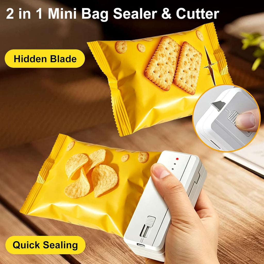 Mini Bag Sealer, 2 in 1 Chip Sealer with Cutter, Magnet Base for Home Use