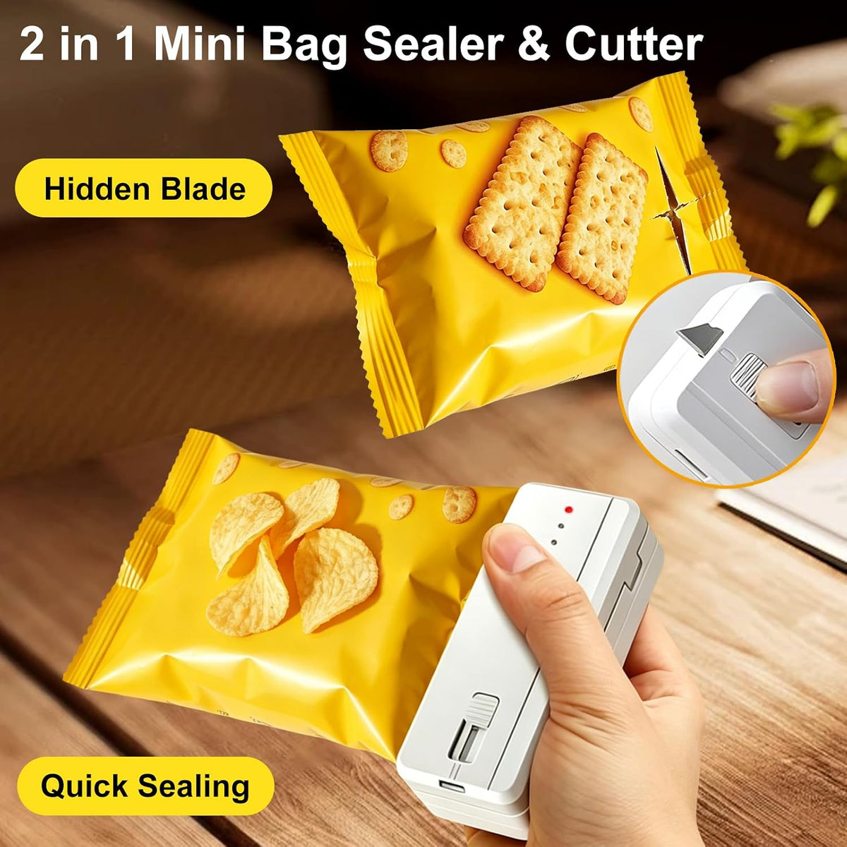 Mini Bag Sealer, 2 in 1 Chip Sealer with Cutter, Magnet Base for Home Use