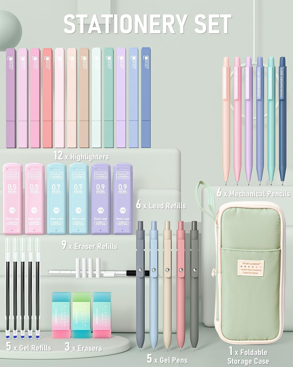 School Supplies with Cute Pen Case, 39ct Green | Back to School Stationery Set, Essentials for College & Nursing