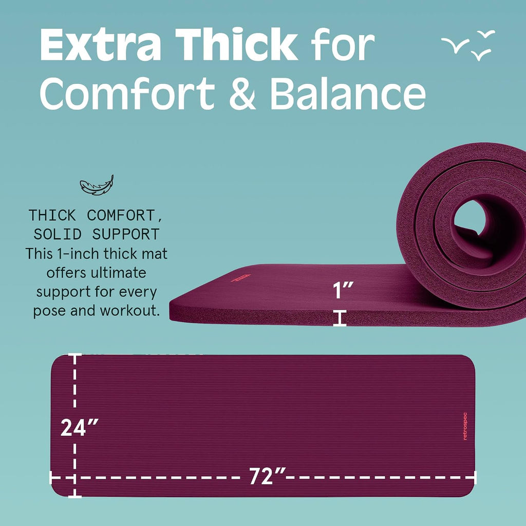 Solana Yoga Mat 1" Thick w/Nylon Strap for Men & Women - Non Slip Exercise Mat for Home Yoga, Pilates, Stretching