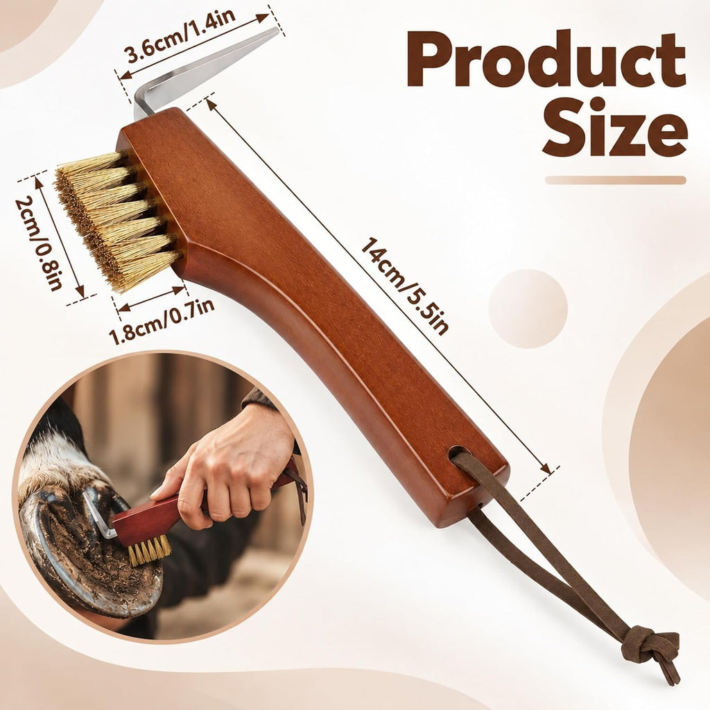 Horse Hoof Pick, Stiff Bristled Brass Wire Brush with Wooden Grip
