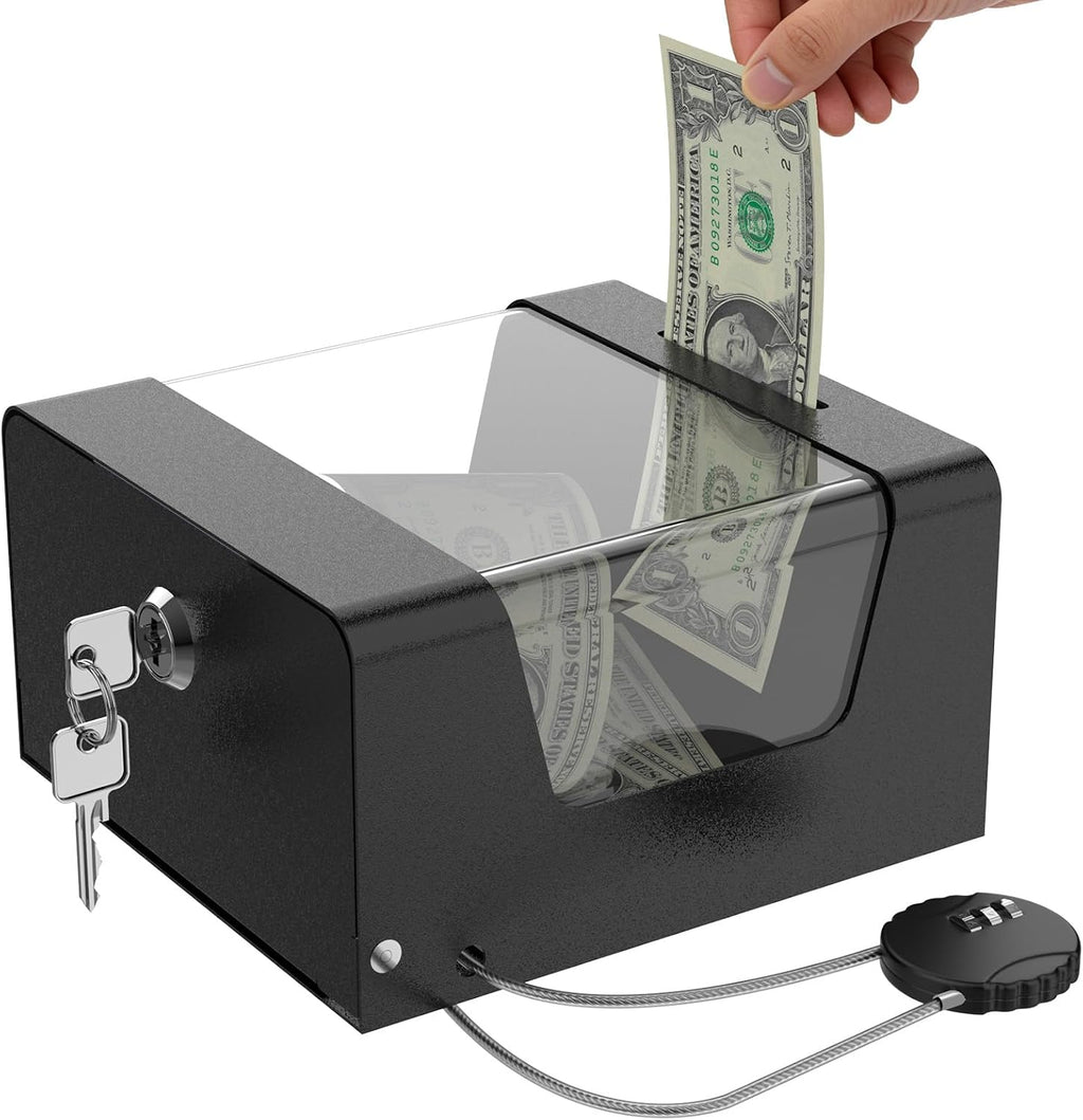 Steel Locking Tip Box - Heavy Duty Secure Tip Jar with Combination Cable Lock - Use for Collecting Donation