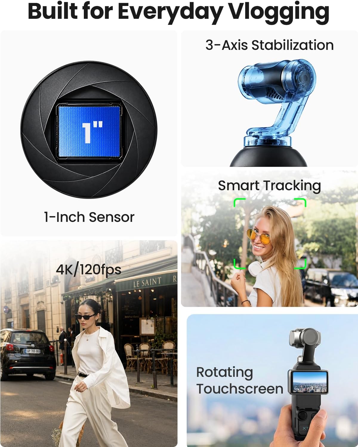 Xtra Muse, Vlogging Camera with 1'' CMOS & 4K/120fps Videos, Pocket Camera with 3-Axis Gimbal Stabilizer, Fast