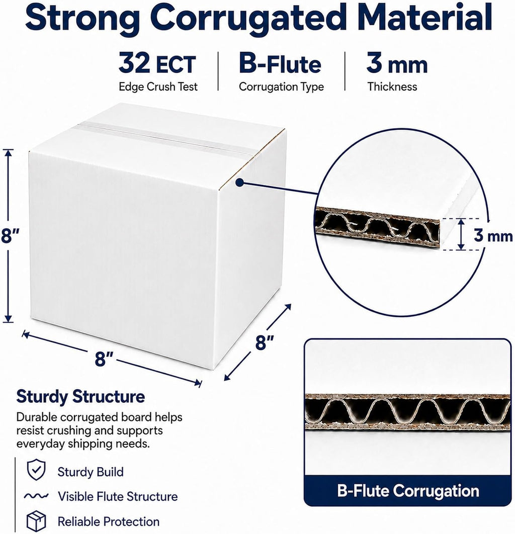 8x8x8 White Shipping Boxes, 25 Pack