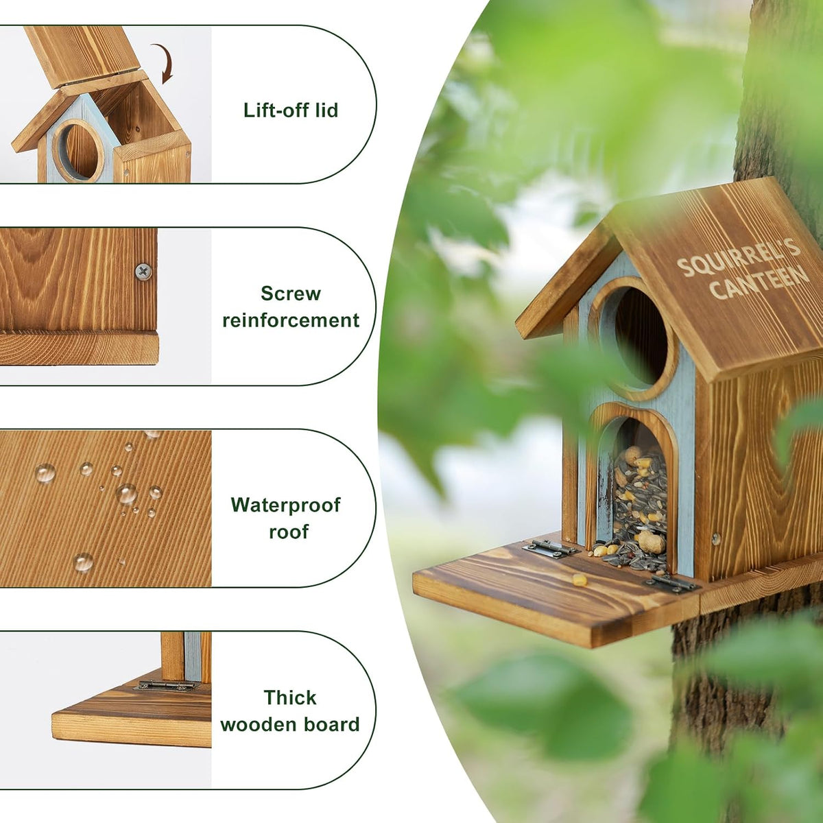 Wooden Squirrel Feeder, Large Capacity Squirrels Feeders for Outside, Sturdy Construction, No Assembly Lovely
