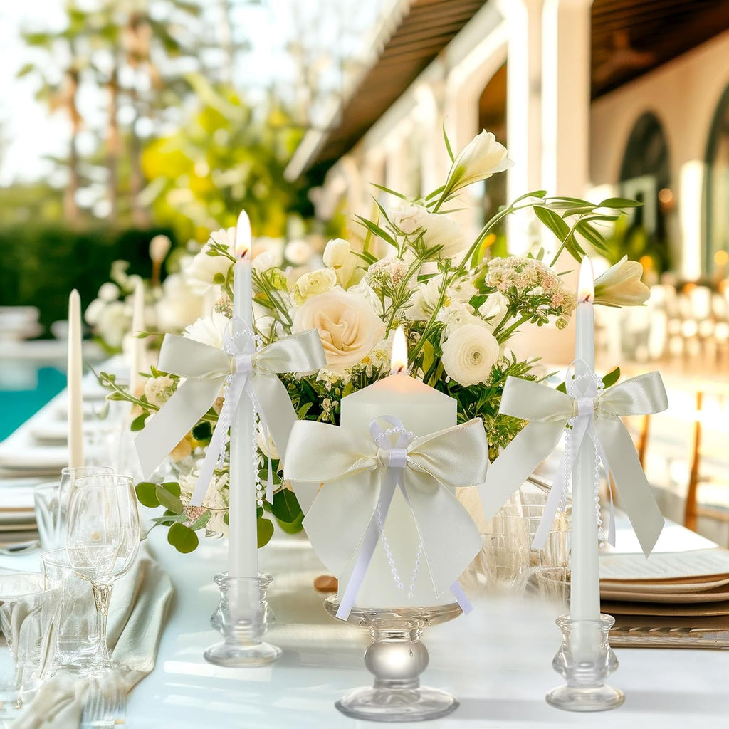 3 Pcs Unity Candles for Wedding with Bow and Holder, Ivory