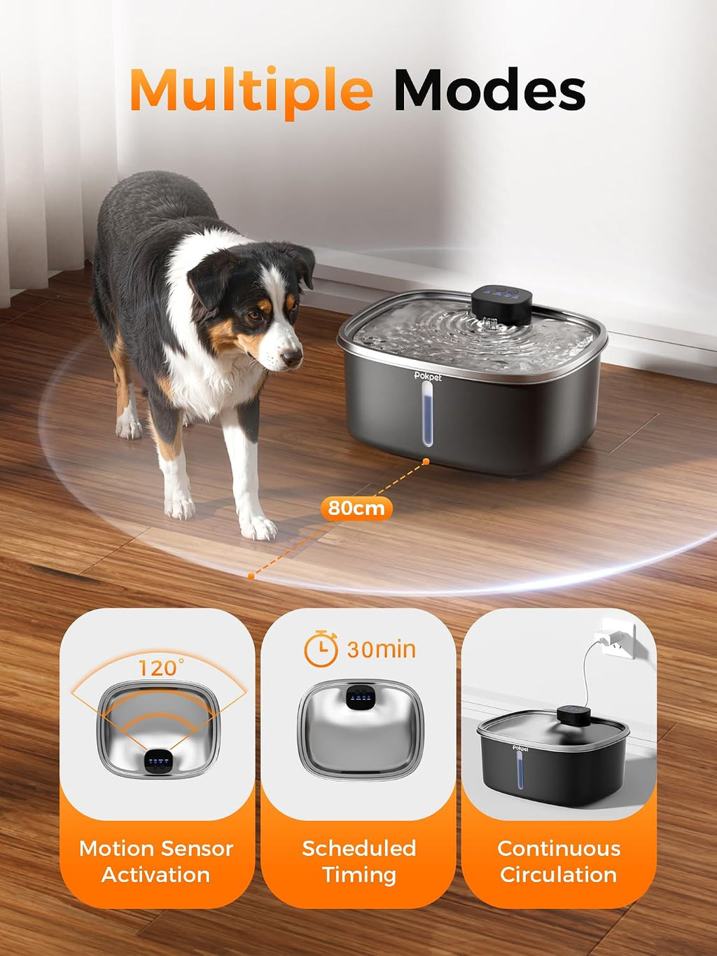 Cat Dog Water Fountain, Stainless Wireless Pet Water Bowl