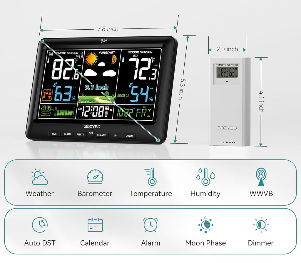 Weather Station Wireless Indoor Outdoor Thermometer Atomic Clock | Large Display, DST Adjustment, Wireless, Indoor