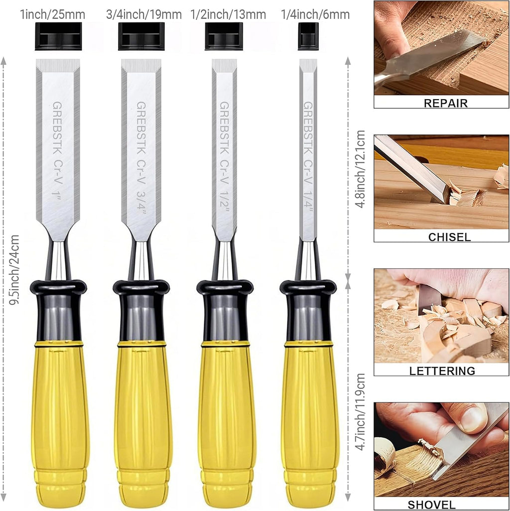 4 Piece Wood Chisel Set CR-V Steel Sharp Bevel Edge for Woodworking | Chromium Vanadium, High Hardness & Durability.