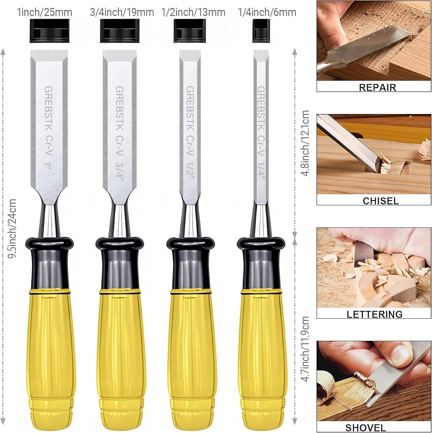 4 Piece Wood Chisel Set CR-V Steel Sharp Bevel Edge for Woodworking | Chromium Vanadium, High Hardness & Durability.