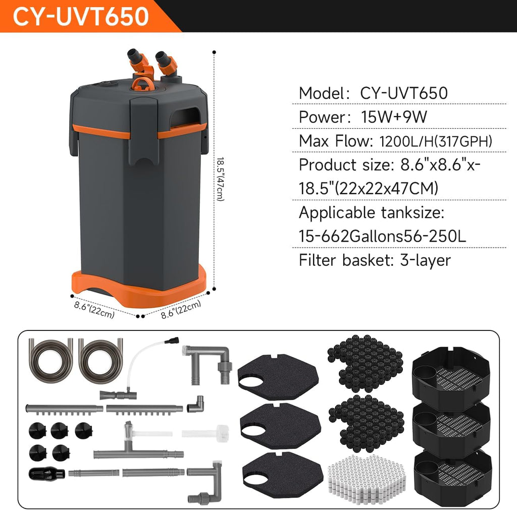 External Canister Filter, Ultra‑Quiet Aquarium Filter with Complete Filter Media, Freshwater & Saltwater for 40‑55‑66