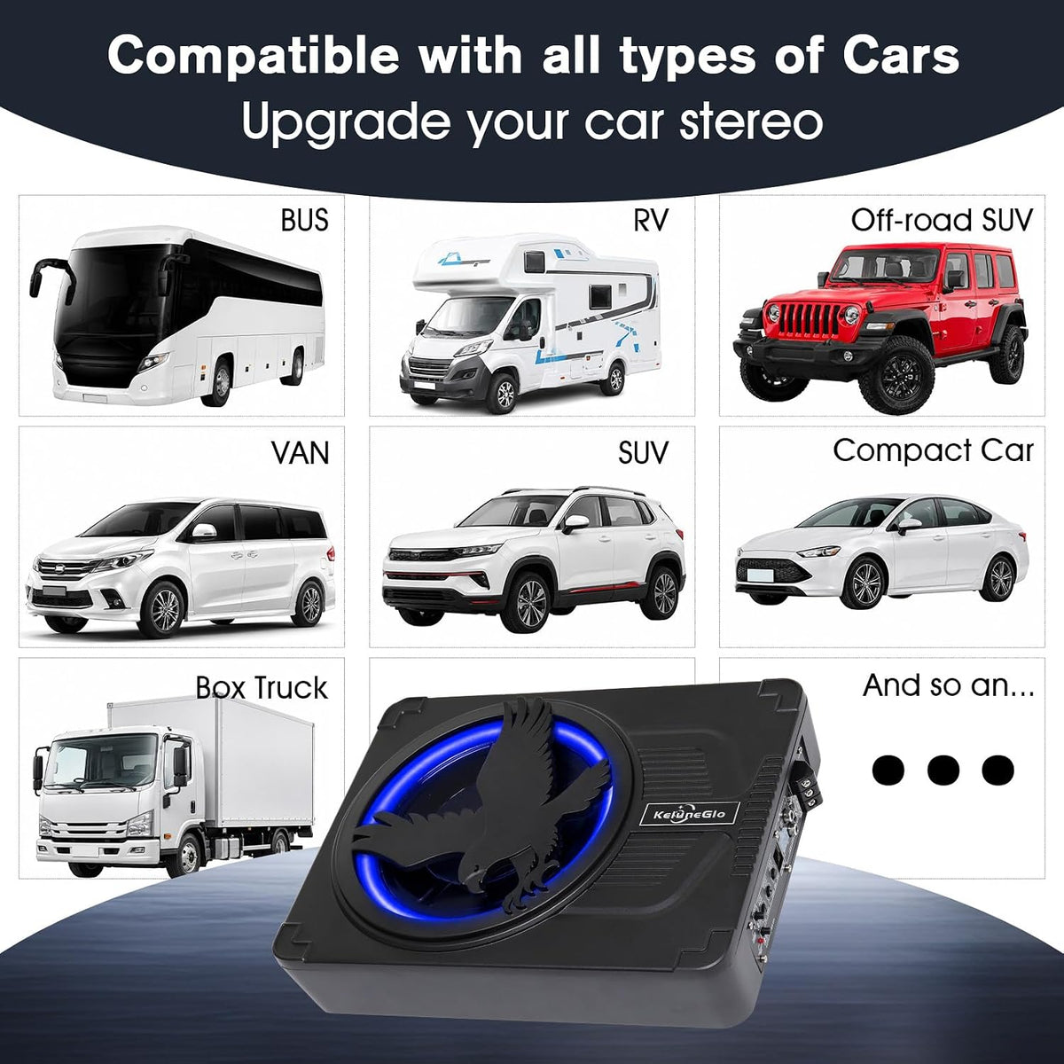 10 Inch Slim Under Seat Powered Car Subwoofer, 1200W Max Active Built-in Amplifier, Blue Ambient Light, Low Profile