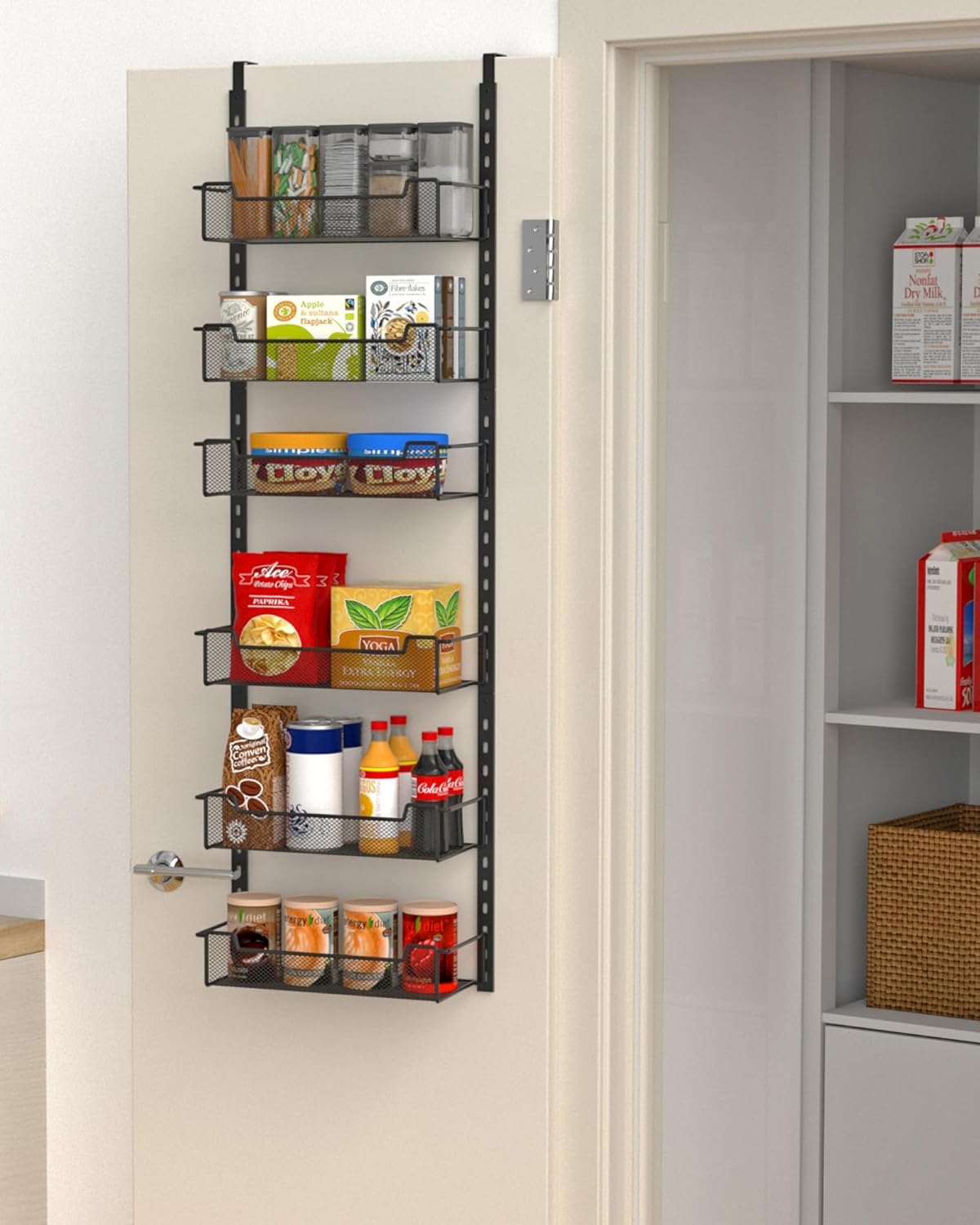 12.3" W Narrow Over the Door Pantry Organizer, 6-Tier Over the Door Organizer with Adjustable Basket, Pantry Door