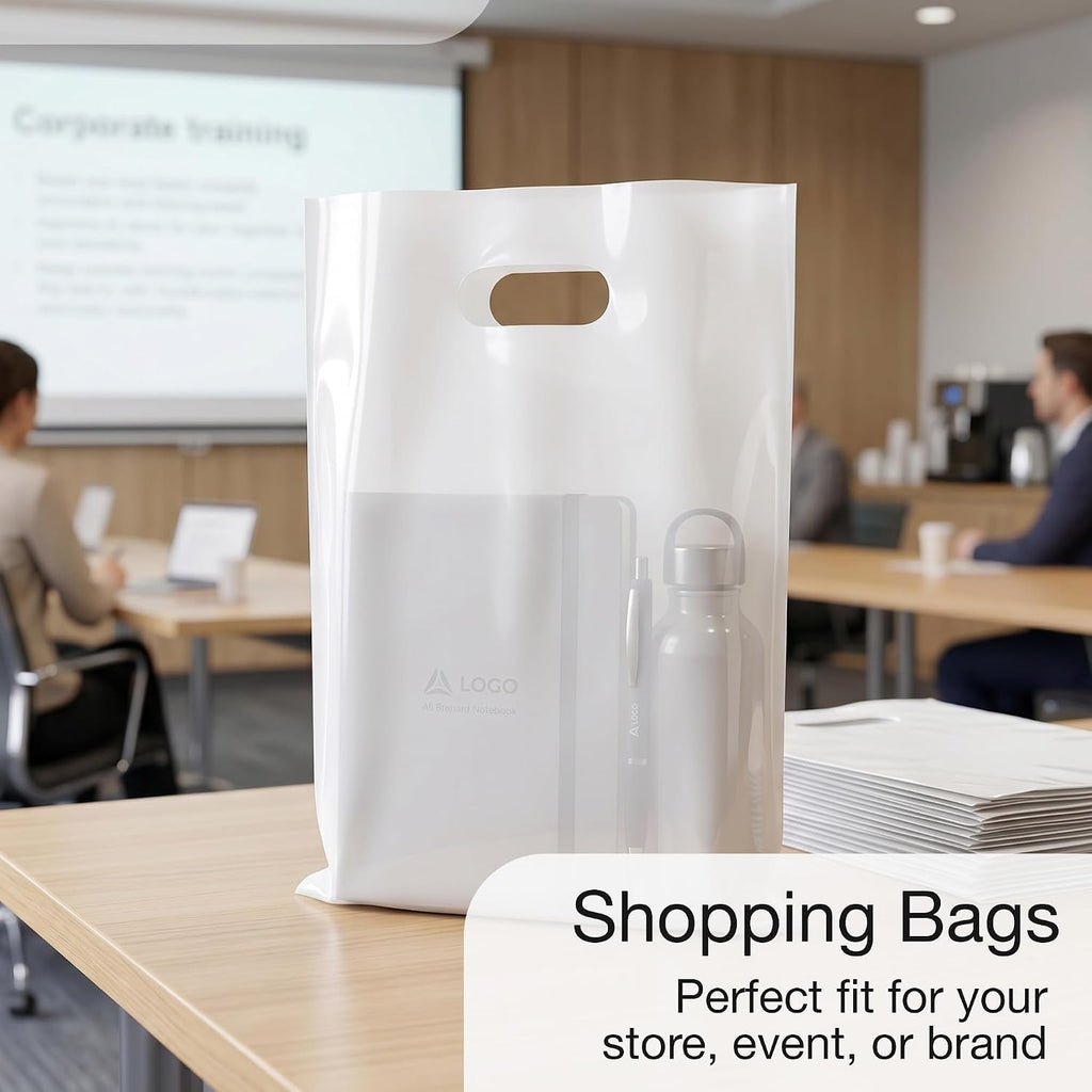 100 White Plastic Bags With Handles 12x15 Merchandise Bags
